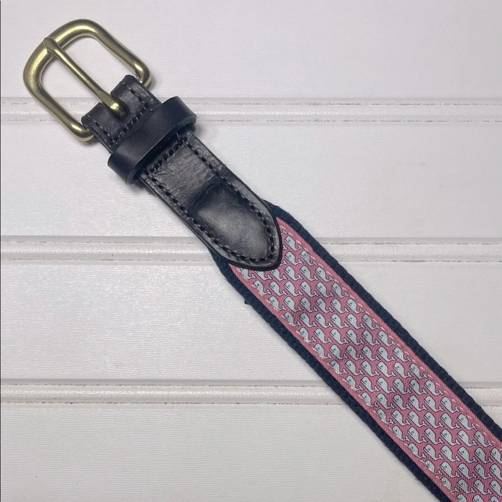 VINEYARD VINES EUC Classic Whale Canvas Club Leather Silk Belt